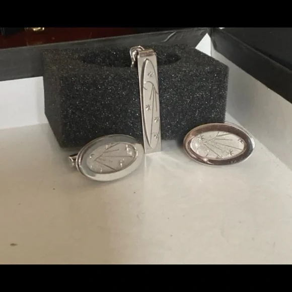 Cufflinks and Tie Bar Set 1950s Sterling Silver Tie Clasp Cuff Links Stars